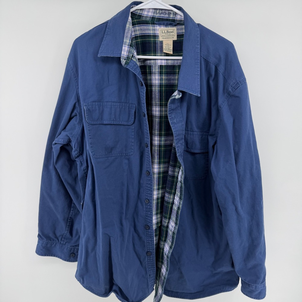 LL Bean Mens XL Tall Blue Flannel Lined Cotton Twill Shirt Jacket 298206